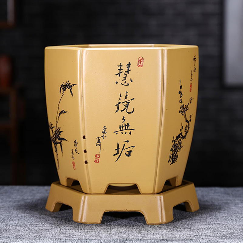 精品六方紫砂盆君子兰花盆带托盘大号客厅透气家用桌面中国风清仓