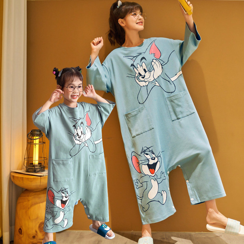 亲子装连体睡衣母女春秋薄款纯棉长袖男女童防着凉儿童连身家居服