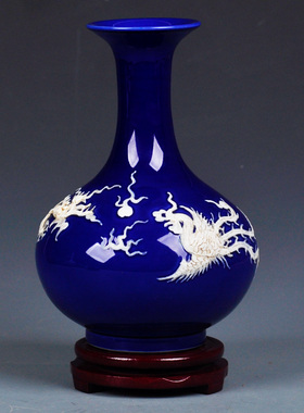 仿古雕刻龙凤内府霁蓝釉花瓶中式工艺品收藏摆设客厅公司礼品