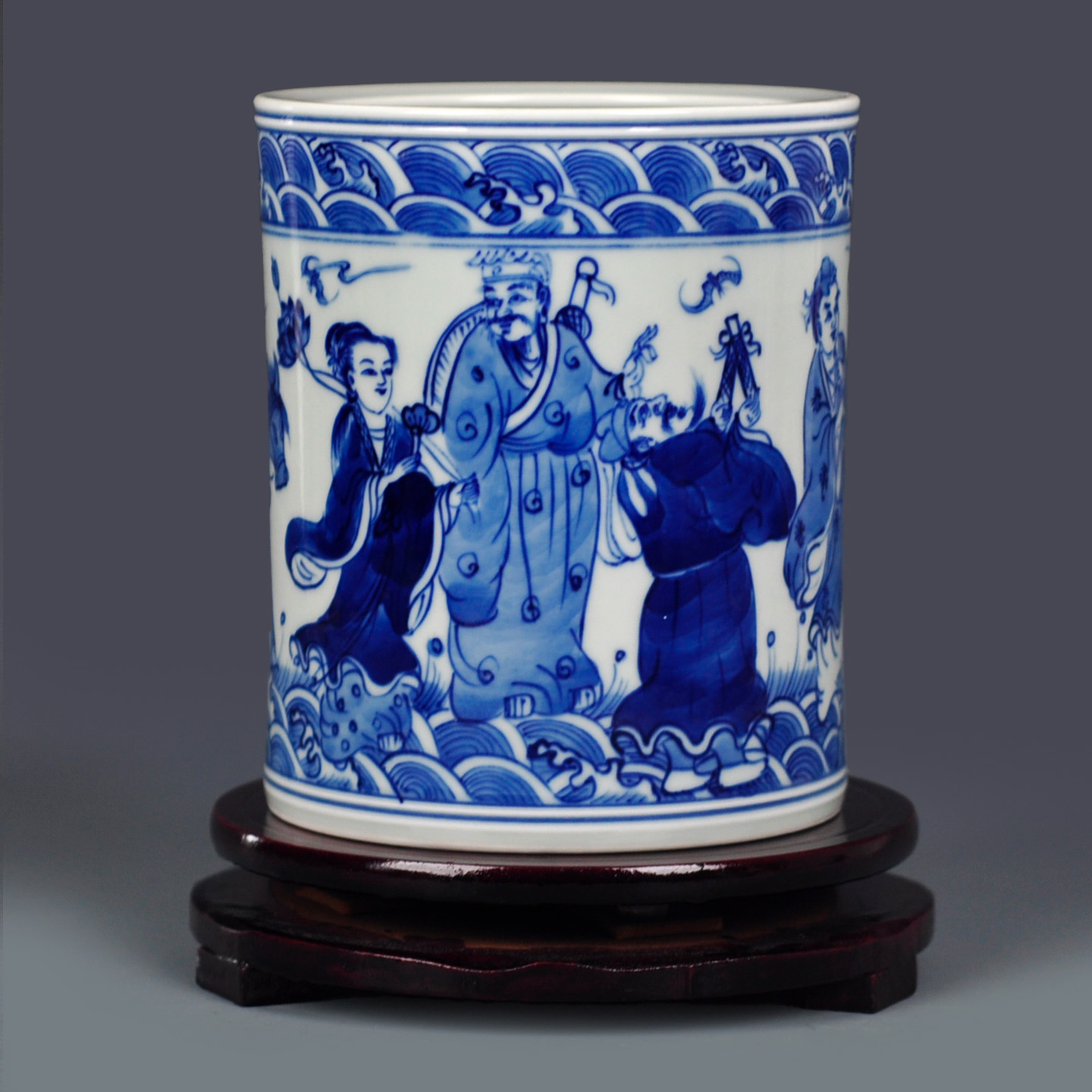 景德镇陶瓷器仿古手绘青花八仙过海笔筒办公室书房装饰品摆件礼品