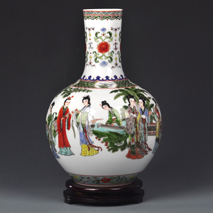 景德镇陶瓷器花瓶手绘仕女图仿古粉彩客厅家居装饰品明清古典摆件