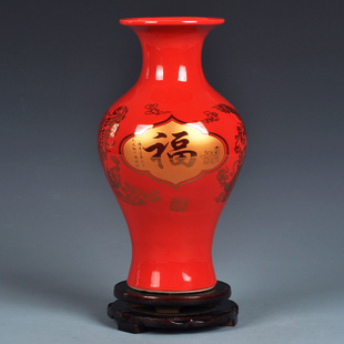 家居装 景德镇陶瓷器中国红花瓶摆件客厅插花瓶乔迁送礼现代时尚 饰