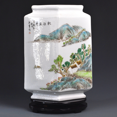 仿古光绪年汪章景德镇陶瓷花瓶手绘粉彩山水镶器中式客厅装饰礼品