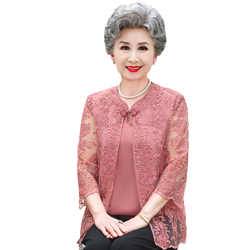 奶奶夏装假两件套T恤老年人套装