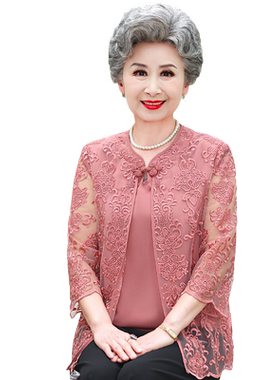 奶奶夏装假两件套T恤老年人套装