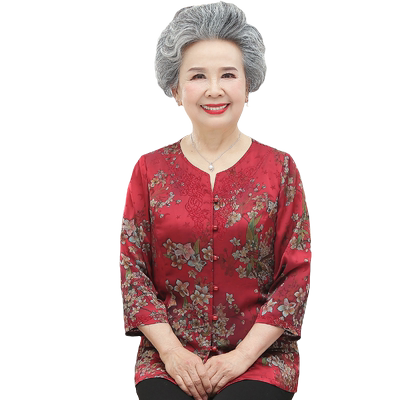 老年人夏装女奶奶套装真丝绸缎