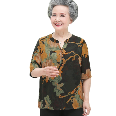 胖妈妈真丝绸缎短袖奶奶两件套装