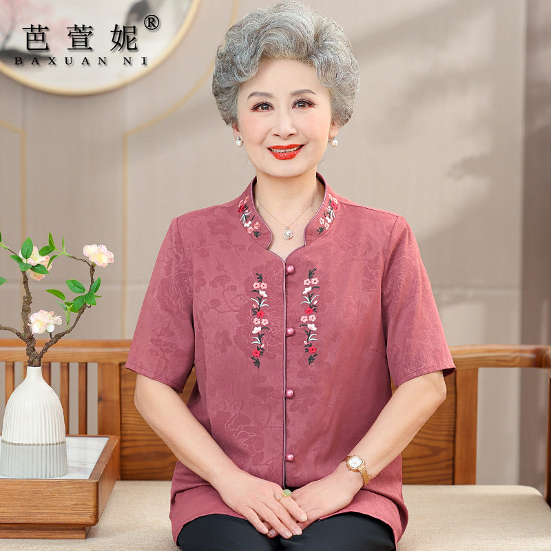 新款妈妈夏装真丝绸缎衬衫上衣大码中老年人女装套装老人太太衣服