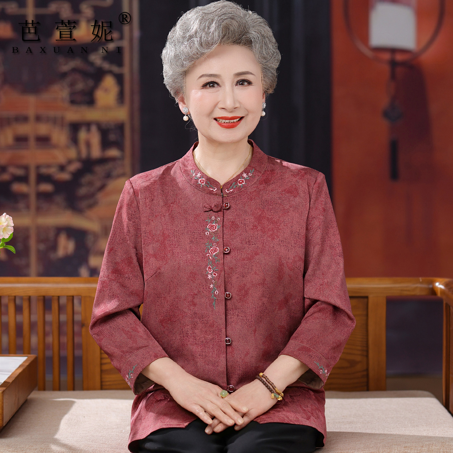 喜庆中老年人女夏装长袖衬衣服妈妈高档老太太衬衫奶奶春秋装薄款