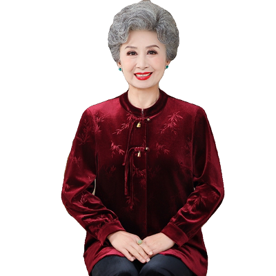 中老年秋季长袖衬衫金丝绒薄外套