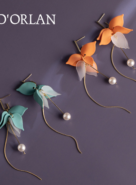 花瓣纯银针耳环女花朵糖果色耳钉长款高级感耳坠耳饰2023年新款潮