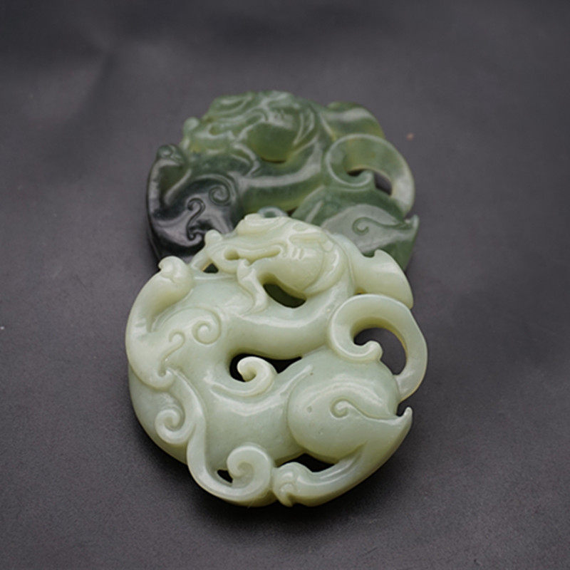 岫玉仿古龙吊坠挂件立体双面雕刻螭龙玉佩玉坠汉服腰佩流苏玉石龙