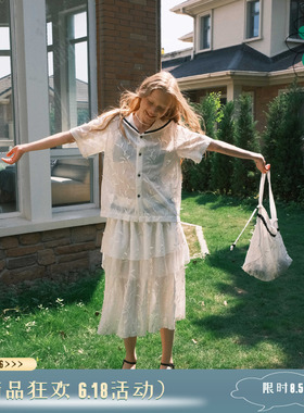 THESEVENTHTAIL设计师品牌立体刺绣蕾丝透视套装海军领衬衫半裙