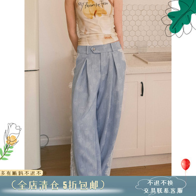 蕾丝拼接提花牛仔阔腿裤