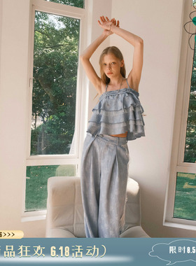 THESEVENTHTAIL设计师品牌多层荷叶边提花牛仔吊带两穿蛋糕裙