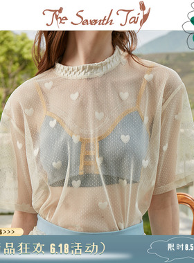 THESEVENTHTAIL设计师品牌夏宽松百搭爱心几何薄款透视蕾丝短袖T