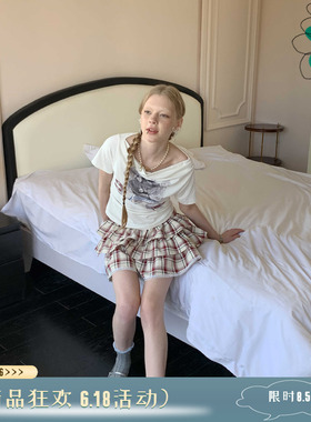 THESEVENTHTAIL设计师品牌2色贝壳印花立体褶皱露肩荡领T恤