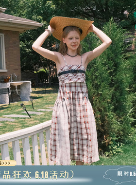 THESEVENTHTAIL设计师品牌蕾丝拼接红格子复古抹胸连衣裙花苞长裙