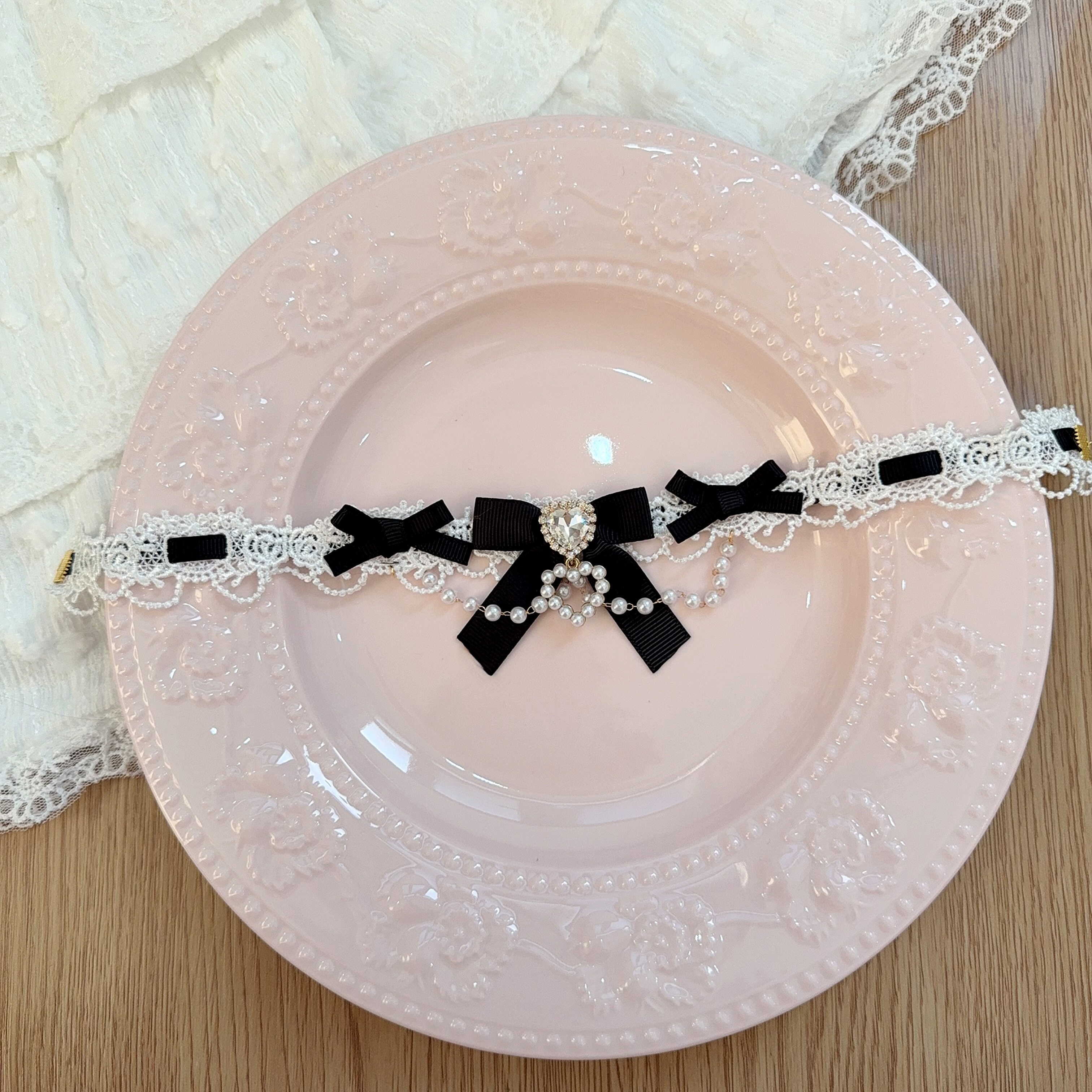 thumbnail for Lei Lei mass production type white snow black snow choker lace love collar lolita necklace necklace clear rhinestone