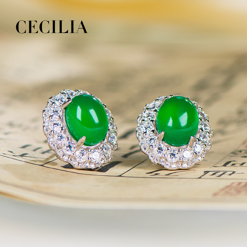 CECILIA天然玉髓绿蛋面耳钉耳坠
