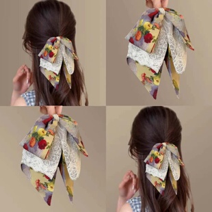 蝴蝶结抓彩色油画女头饰法式 发夹感半扎发高级夹风多层复古夹马尾