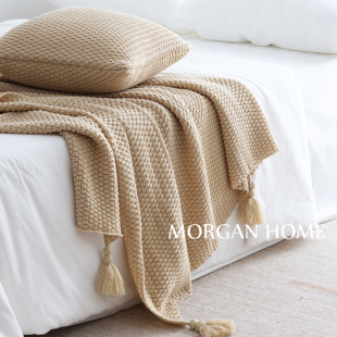 侘寂简约纯色挂球针织沙发盖毯空调沙发装 饰毯床尾巾民宿摄影搭巾