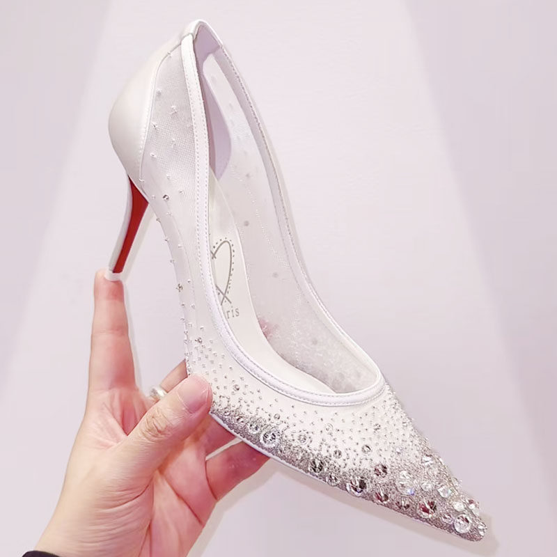 外贸尖头白色水钻高跟鞋2025新红底网纱外穿婚庆细跟浅口单鞋女,女鞋,时装凉鞋,淘宝优惠券,粉丝福利购,淘宝优惠卷