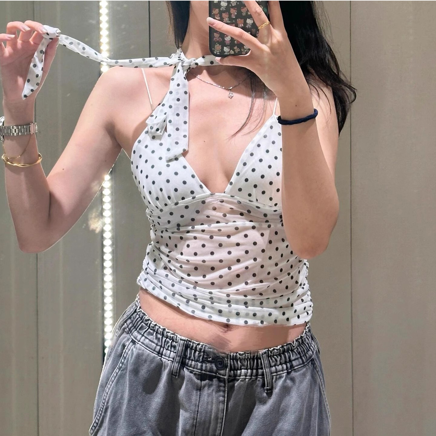 夏季新品女装围巾饰波点印花上衣