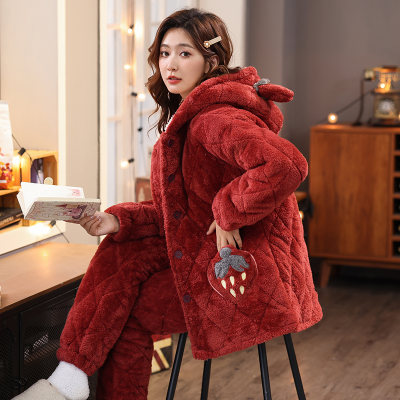 睡衣女冬季加厚三层夹棉家居服