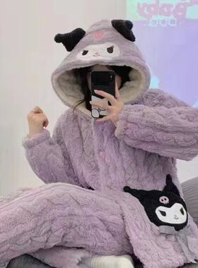 连帽加厚睡衣冬季女款