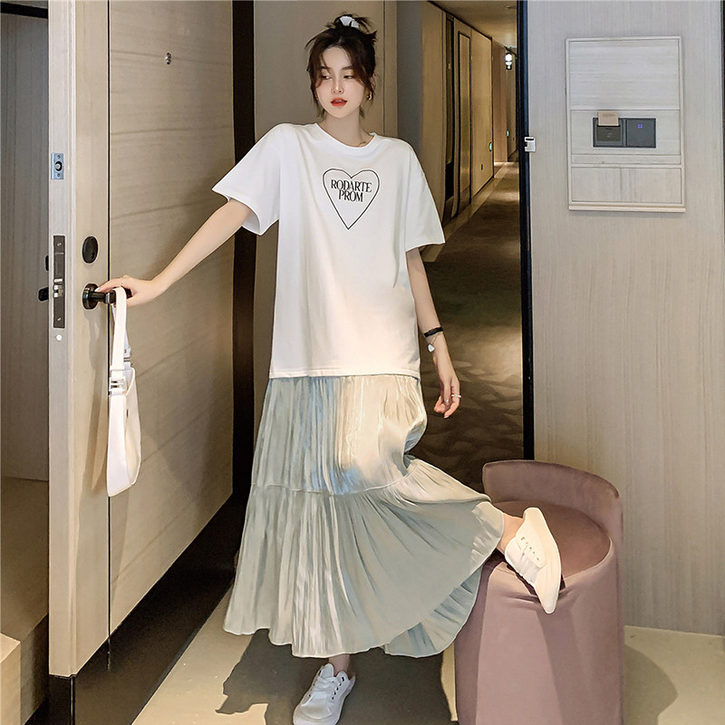 여성을위한 한국 캐주얼 드레스 여름 긴 무릎 위 밑단 플리츠 롱 스커트 루즈 한 투피스 티셔츠 스커트