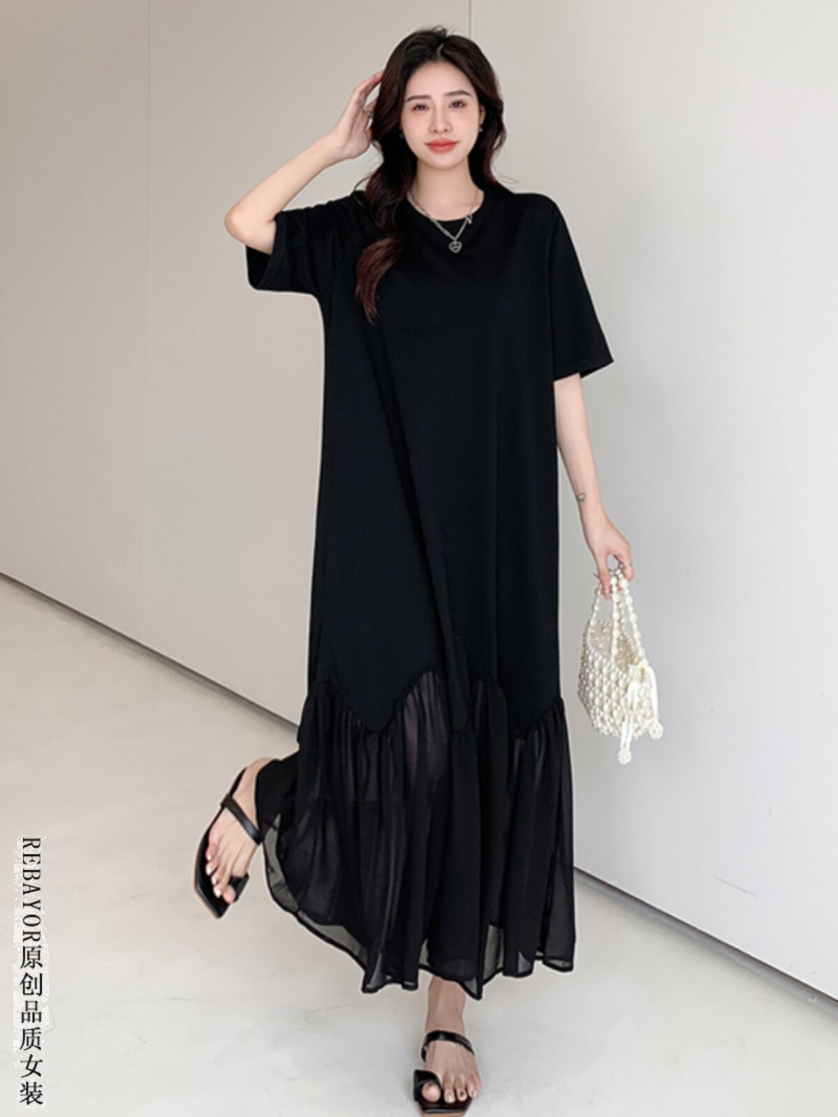 한국 대형 버전 2023 여름 신상 대형 긴 기질 스플리싱 멋진 주름 스커트 반소매 불규칙 드레스