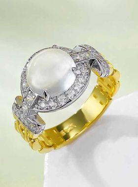 辉之翼珠宝 直播新款S925银镀金8.0mm天然水沫玉温柔冰蛋高冰戒指