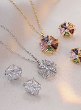 项链女网红彩色锆石几何小众时尚新款设计感吊坠气质套装钛钢项链