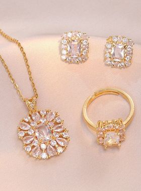 项链女小众设计感跨境锆石镀金饰品首饰套装方形项链戒指套装饰品