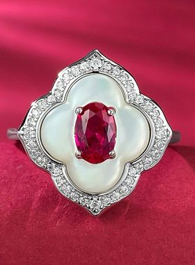 辉之翼珠宝925纯银白贝母镶嵌鸽血红4*6mm时装精致中古风气质典雅