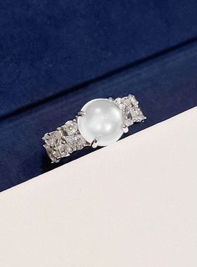 辉之翼珠宝 天然水沫玉戒指925银蛋面高冰玻璃种玉鸽子蛋排钻戒指