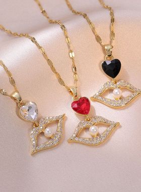 项链女抖音网红爱心锆石嘴唇小众时尚新款设计感吊坠气质钛钢项链