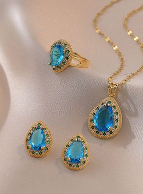 项链女网红蓝宝石锆石几何小众时尚新款设计吊坠气质套装钛钢项链