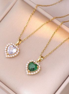 项链女网红跨境海洋之心爱心锆石小众时尚新款设计感气质钛钢项链