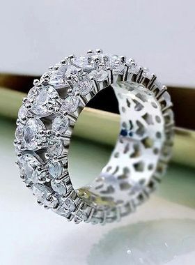 辉之翼珠宝 2023新款S925银欧美满钻排钻戒指环4mm心形小排戒女款