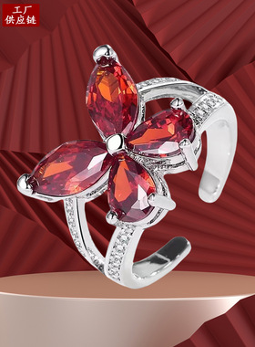 亚马逊热卖彩色锆石蝴蝶戒指简约时尚开口可调节指环跨境饰品批发