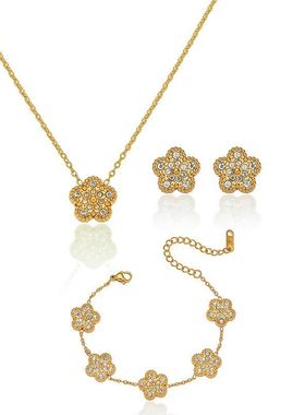 项链女 网红五瓣草锆石花朵小众耳环设计感手链气质套装钛钢项链