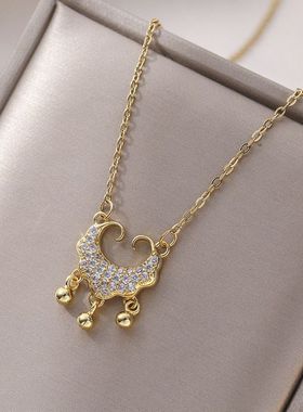 钛钢项链女日韩风复古风长命锁祥云如意平安锁镶钻项链简约锁骨链