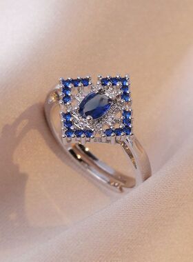 戒指女 蓝色锆石开口戒指甜美小众设计日韩风食指戒网红可调节指