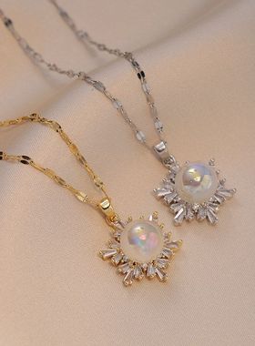 钛钢项链女 直播人鱼姬珍珠18K金雪花满钻微镶梯方锆石闪耀锁骨链