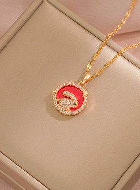 项链女镶钻红色小众设计兔子锆石生肖兔吊坠项饰时尚饰品钛钢项链