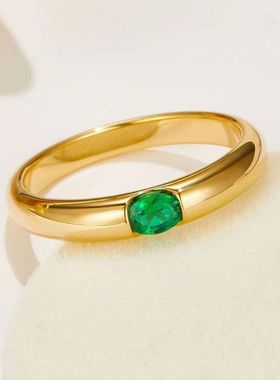 辉之翼珠宝欧美新款925纯银镀金4*6mm绿色钻戒指环气质显白女指环