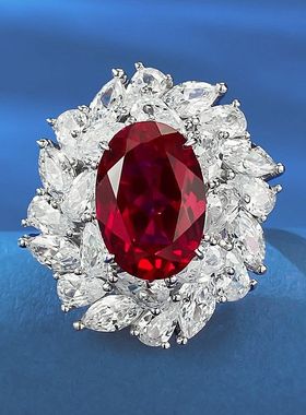 辉之翼珠宝S925银镶嵌9*13mm鸽血红鸽子蛋满钻豪镶红色高碳钻女款