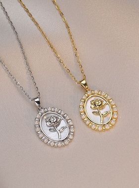 项链女白色贝壳复古玫瑰花金币坠